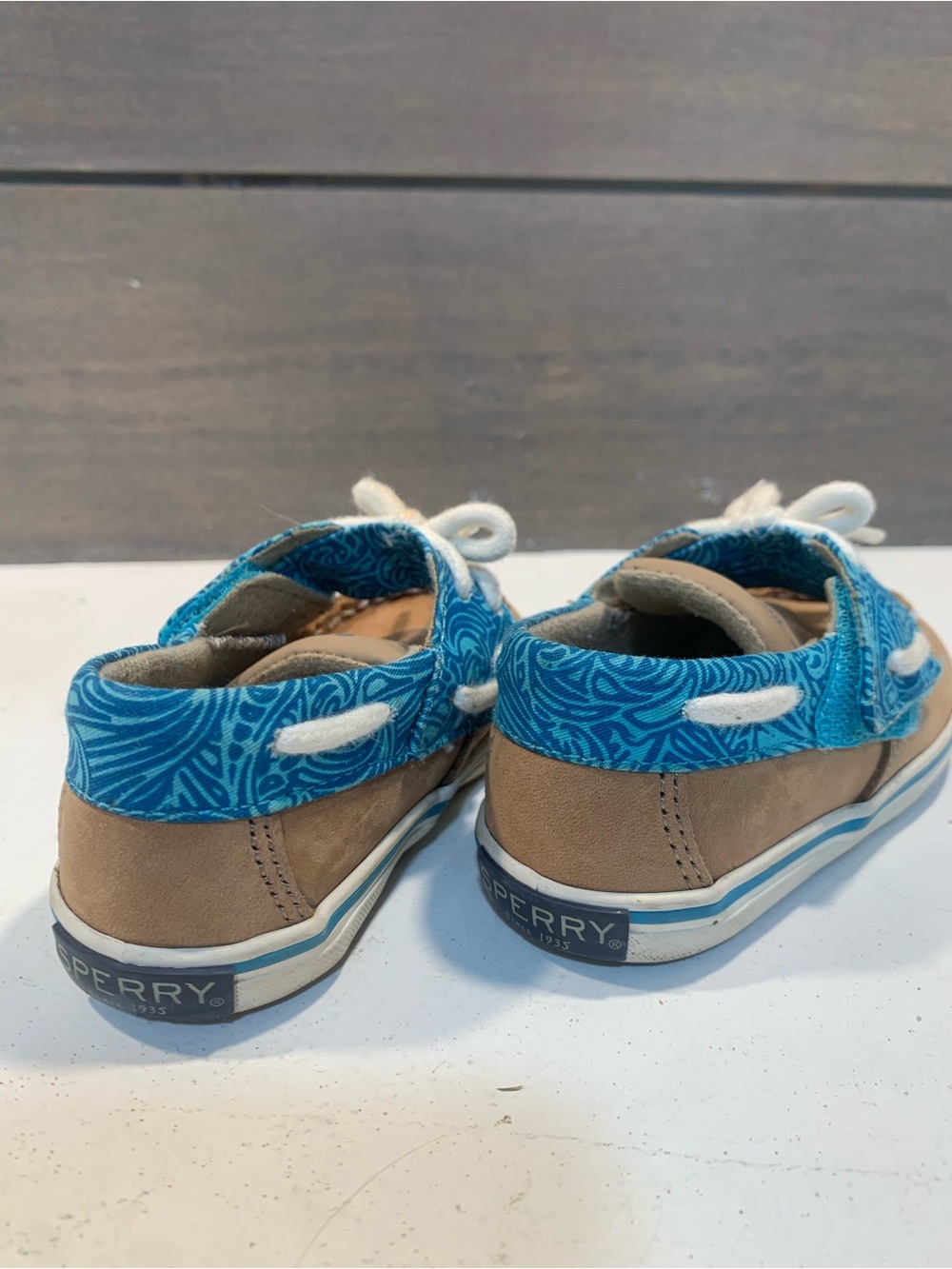 Sperry Topsiders Baby Girls Loafers Brown Blue Print Size 4M Preppy Boating - Picture 3 of 7